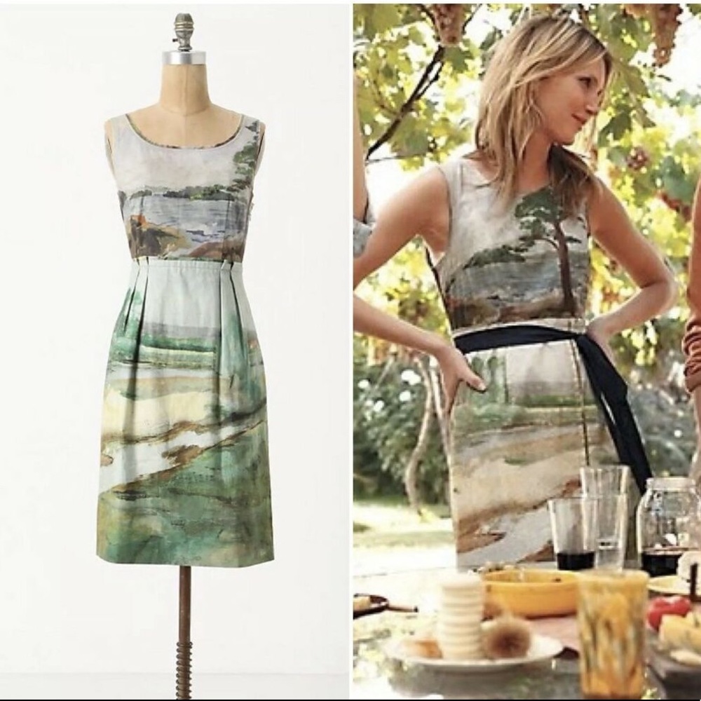 Odille Anthropologie Watercolor Dress Size 8 Green